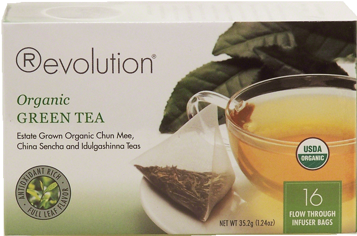 Revolution  organic green tea, estate grown chun mee, china sencha and indulgashinna teas, 16 flow through bags Full-Size Picture